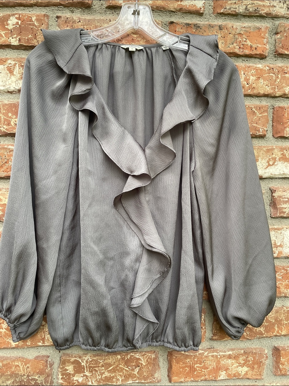 Max Studio Gray Ruffle Front Long Sleeve Blouse